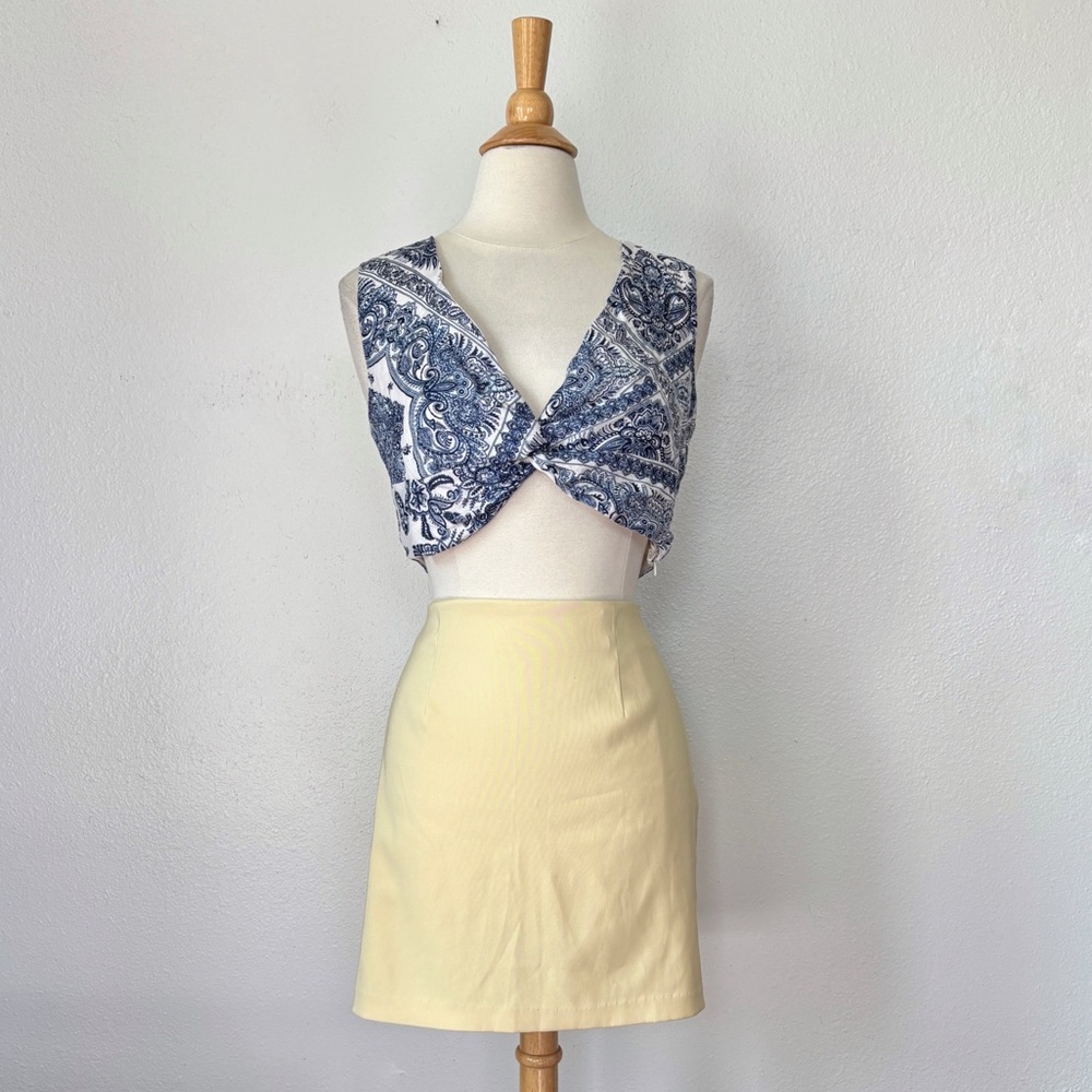 C&C California Blue and White Sleeveless Twist Front Crop Top
